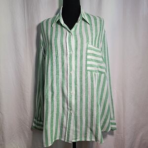 Sonoma Green and White Casual Button Down Linen Blend Shirt sz XXL